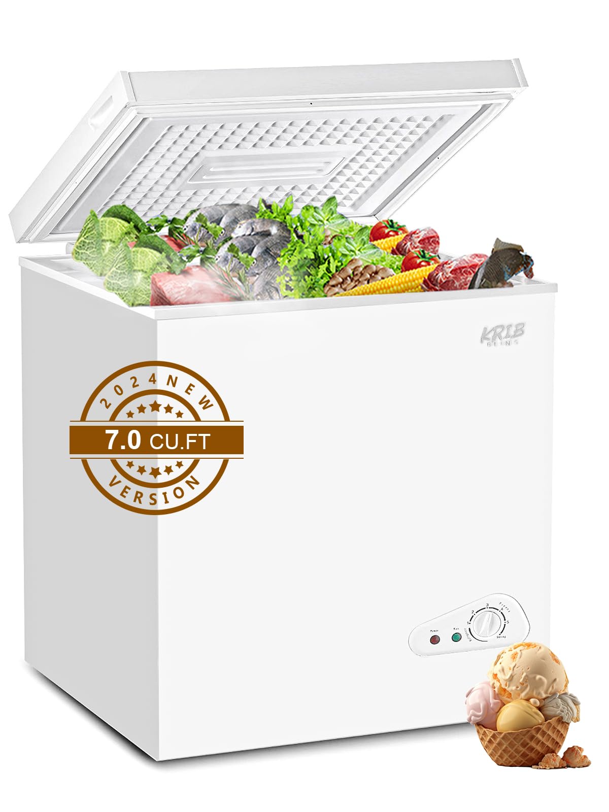 KRIB BLING 7.0 Cu.Ft Chest Freezer Compact Mini Deep Freezer with Top Open Door 7 Gears Temperature Control with Removable Storage Basket White