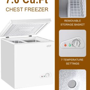 KRIB BLING 7.0 Cu.Ft Chest Freezer Compact Mini Deep Freezer with Top Open Door 7 Gears Temperature Control with Removable Storage Basket White