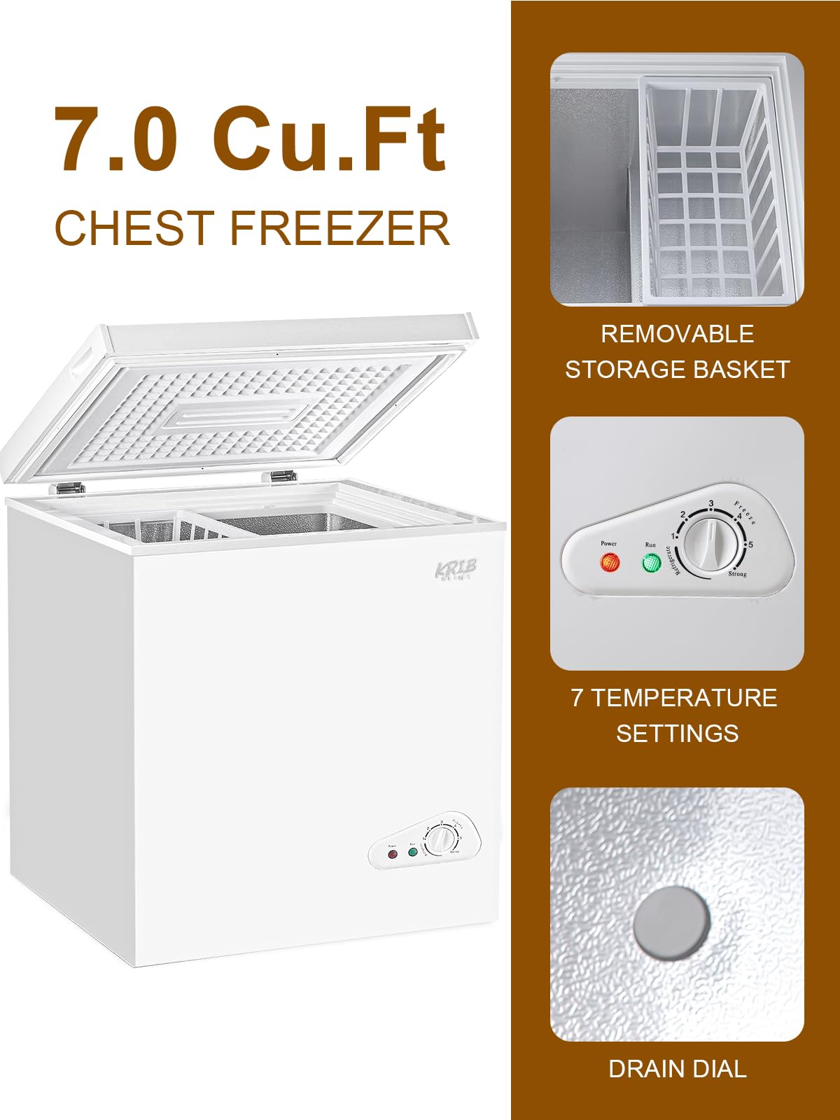 KRIB BLING 7.0 Cu.Ft Chest Freezer Compact Mini Deep Freezer with Top Open Door 7 Gears Temperature Control with Removable Storage Basket White