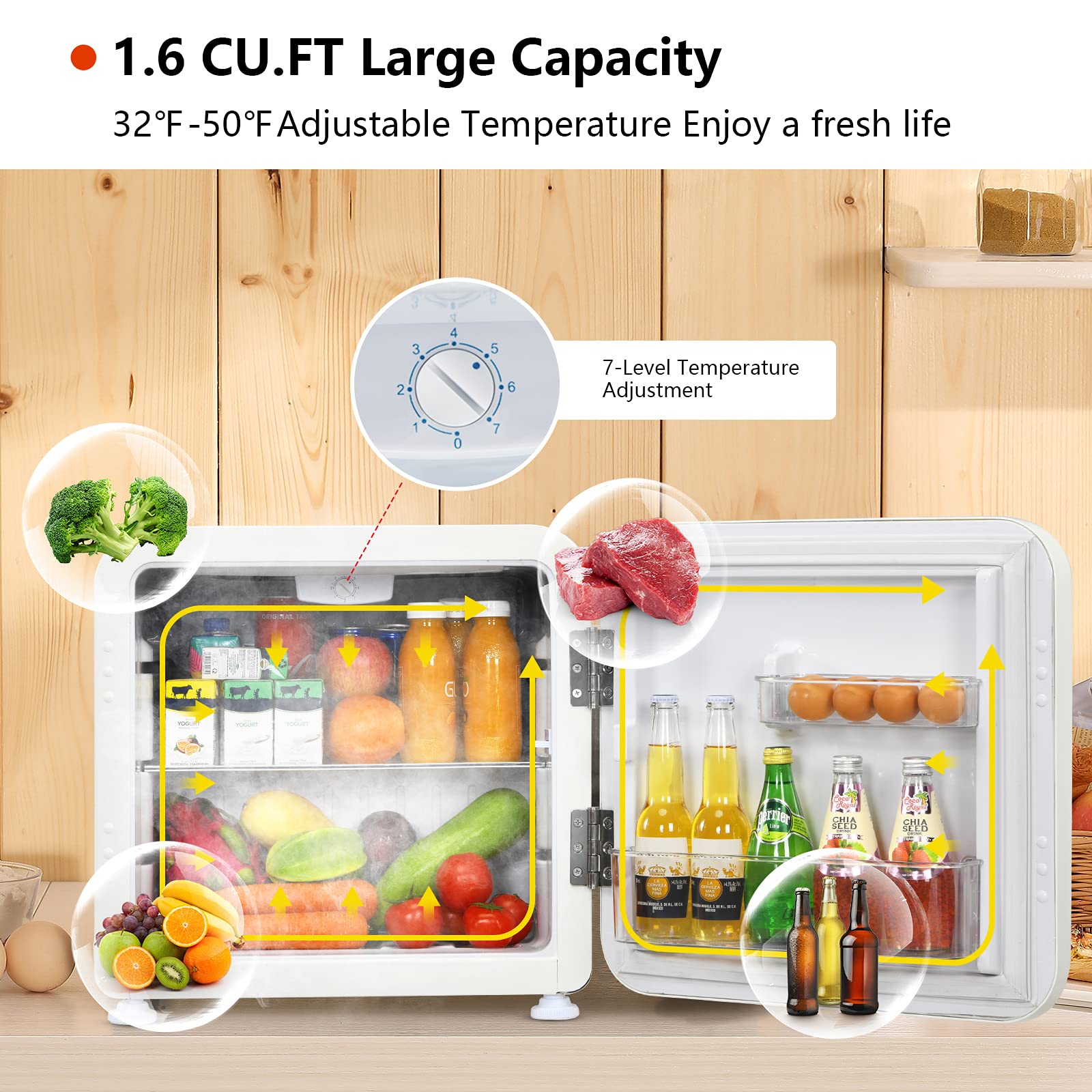 COSTWAY Compact Refrigerator, 1.6 cu ft. Single Door Small Fridge with Adjustable Temperature 32℉ to 50℉, Auto Defrost, Reversible Door, Removable Glass Shelves, Mini Fridge for Bedroom, Apartment (White)