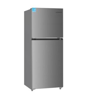 upstreman 11.6 cu.ft. double door fridge in stainless steel with large capacity top freezer, auto defrost, adjustable thermostat control, reversible door swing, energy star