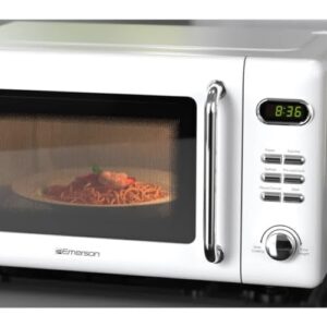 Emerson MWR7020W Compact Countertop Microwave Oven with Button Control, LED Display, 700W 5 Power Levels, 8 Auto Menus, Glass Turntable and Child Safe Lock, 0.7, Retro White