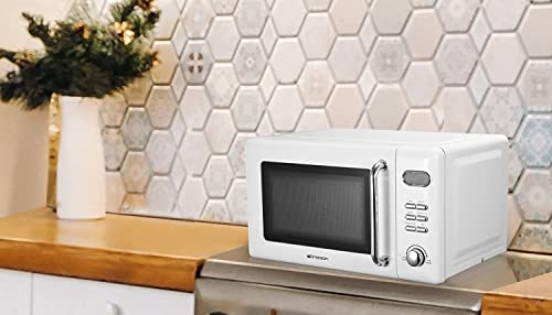 Emerson MWR7020W Compact Countertop Microwave Oven with Button Control, LED Display, 700W 5 Power Levels, 8 Auto Menus, Glass Turntable and Child Safe Lock, 0.7, Retro White