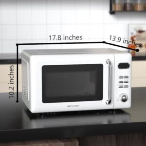 Emerson MWR7020W Compact Countertop Microwave Oven with Button Control, LED Display, 700W 5 Power Levels, 8 Auto Menus, Glass Turntable and Child Safe Lock, 0.7, Retro White