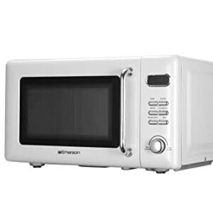Emerson MWR7020W Compact Countertop Microwave Oven with Button Control, LED Display, 700W 5 Power Levels, 8 Auto Menus, Glass Turntable and Child Safe Lock, 0.7, Retro White