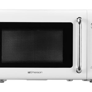 Emerson MWR7020W Compact Countertop Microwave Oven with Button Control, LED Display, 700W 5 Power Levels, 8 Auto Menus, Glass Turntable and Child Safe Lock, 0.7, Retro White