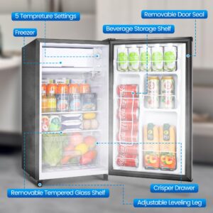 WANAI Mini Fridge with Freezer 3.2 Cu.Ft, Single Door Small Refrigerator, Energy-efficient Low Noise, Compact Fridge for Bedroom Dorm and Office, Silver