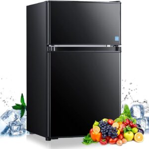 Mini Fridge with Freezer, 3.1 Cu.Ft Refrigerator 2 Doors, Unique Shelf Design, with LED Light, Adjustable Control Thermostat, Small Refrigerator for Bedroom, Office, Dorm, Garage, Black - ‎HPBFR310