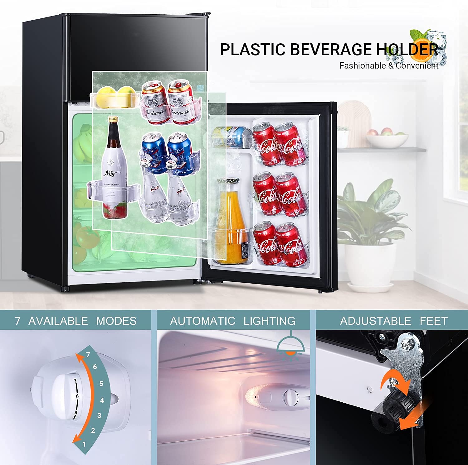 Mini Fridge with Freezer, 3.1 Cu.Ft Refrigerator 2 Doors, Unique Shelf Design, with LED Light, Adjustable Control Thermostat, Small Refrigerator for Bedroom, Office, Dorm, Garage, Black - ‎HPBFR310