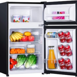 Mini Fridge with Freezer, 3.1 Cu.Ft Refrigerator 2 Doors, Unique Shelf Design, with LED Light, Adjustable Control Thermostat, Small Refrigerator for Bedroom, Office, Dorm, Garage, Black - ‎HPBFR310