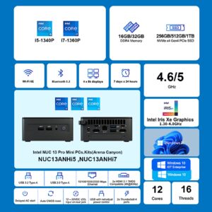 Intel NUC13 Pro NUC13ANHi5 16GB RAM 512GB SSD Mini PC Mini Computer,i5-1340P 12 Core,16 Thread,Win 11 Pro Mini Computers,Up to 4.6 GHz Turbo,NVMe SSD DDR4RAM,WiFi 6E,BT 5.3,8K Support,HTPC,Gaming