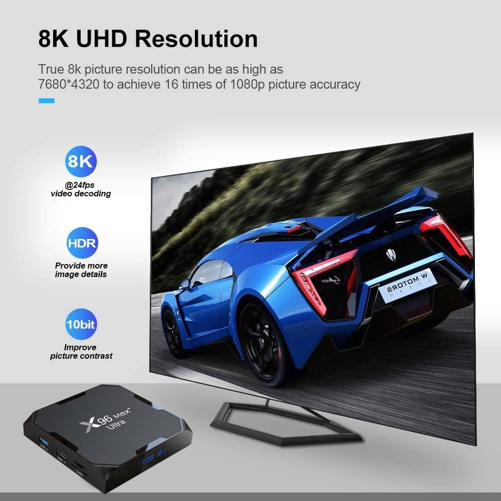 Sofobod Android11.0 Smart TV Box,Amlogic S905X4 64bit Quad Core Cortex A55 CPU, G31 MP2 GPU,4GB RAM 64GB ROM,USB 3.0,BT4.0, 2.4G/5G Dual Wi-Fi, 100M Ethernet, H.265 3D/4K/8K HDR:X96MAX+ Ultra 464