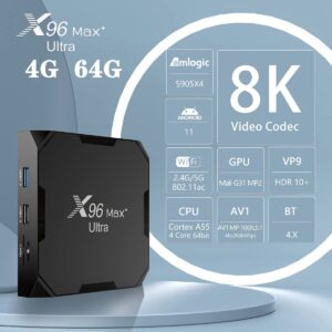 Sofobod Android11.0 Smart TV Box,Amlogic S905X4 64bit Quad Core Cortex A55 CPU, G31 MP2 GPU,4GB RAM 64GB ROM,USB 3.0,BT4.0, 2.4G/5G Dual Wi-Fi, 100M Ethernet, H.265 3D/4K/8K HDR:X96MAX+ Ultra 464