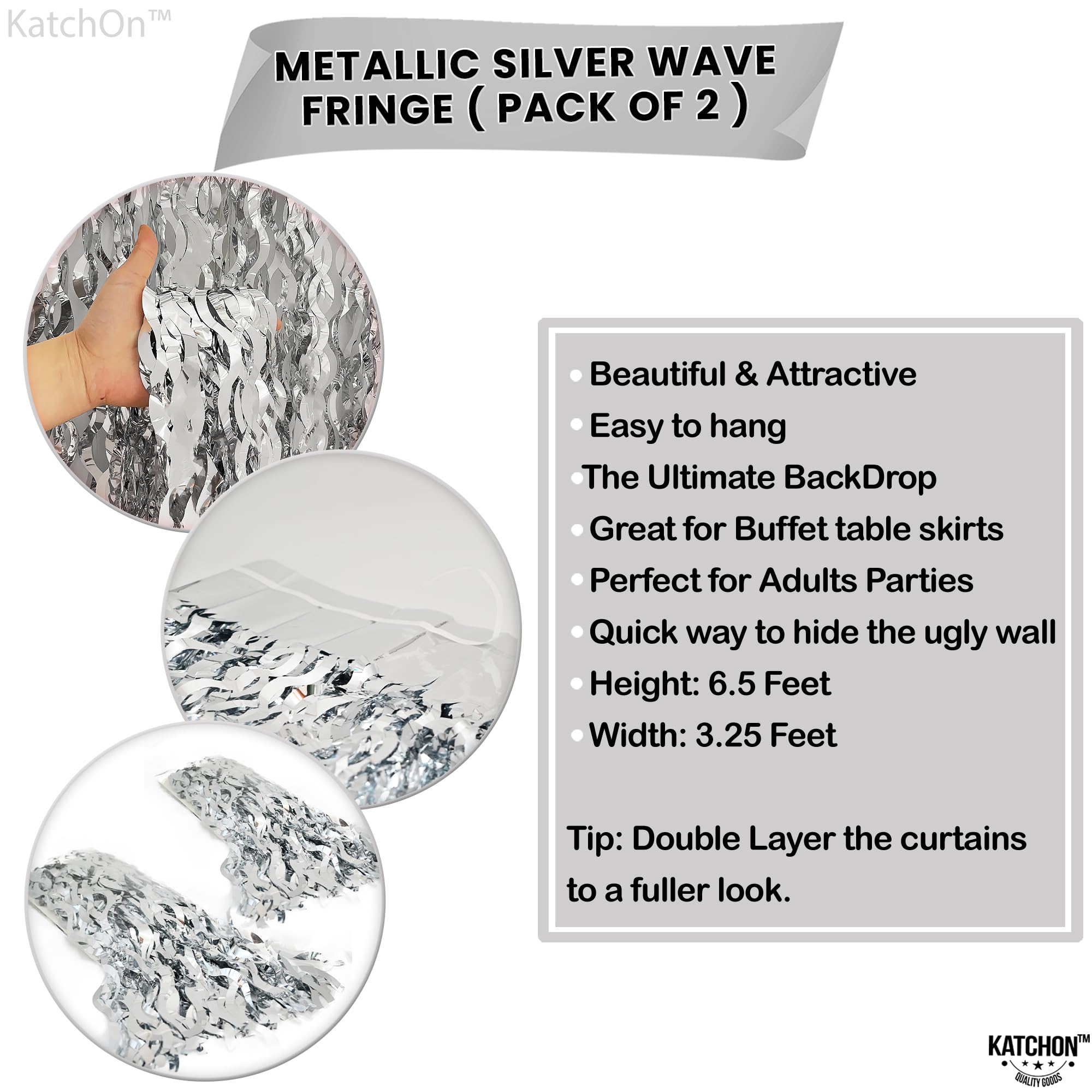 KatchOn, Wavy Silver Backdrop for Parties - 3.2x6.5 Feet, Pack of 2 | Disco Backdrop for Disco Party Decorations | Silver Fringe Backdrop for Bachelorette Party Decorations | Silver Party Decorations