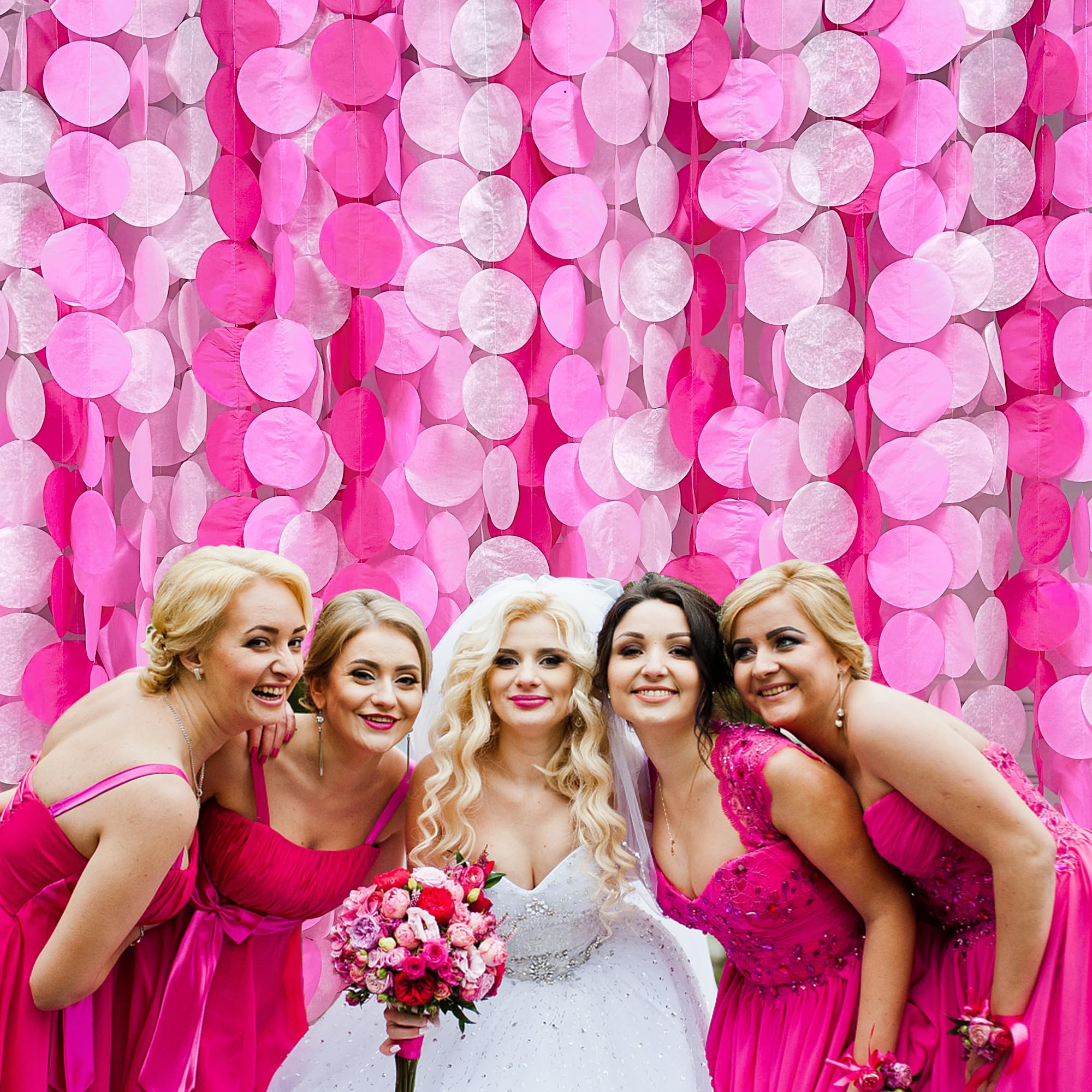 205Ft Hot Pink Party Decorations Big Polka Dots Backdrop Garland Rose Pink Circle Dots Tissue Paper Hanging Curtain Streamer for Bachelorette Birthday Bridal Shower Wedding Engagement Party Supplies