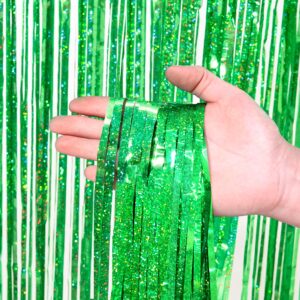 Slmeno 4 Pack Green Foil Fringe Curtain Glitter Backdrop, 12.8x8.2 Feet, Tinsel Curtain Backdrop for Party Decorations, Green Streamer Backdrop Curtain, Christma Hawaiian Birthday Football Backdrop