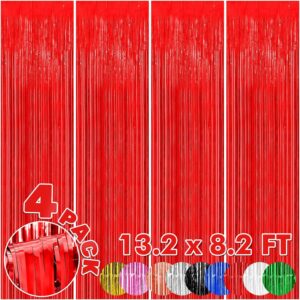 4-Pack Backdrop for Party Decorations, Foil Fringe Backdrop Curtains, Tinsel Streamers for Birthday Party Decorations, Tinsel Curtains for Halloween Valentine Disco Hollywood Theme Parties (Red)