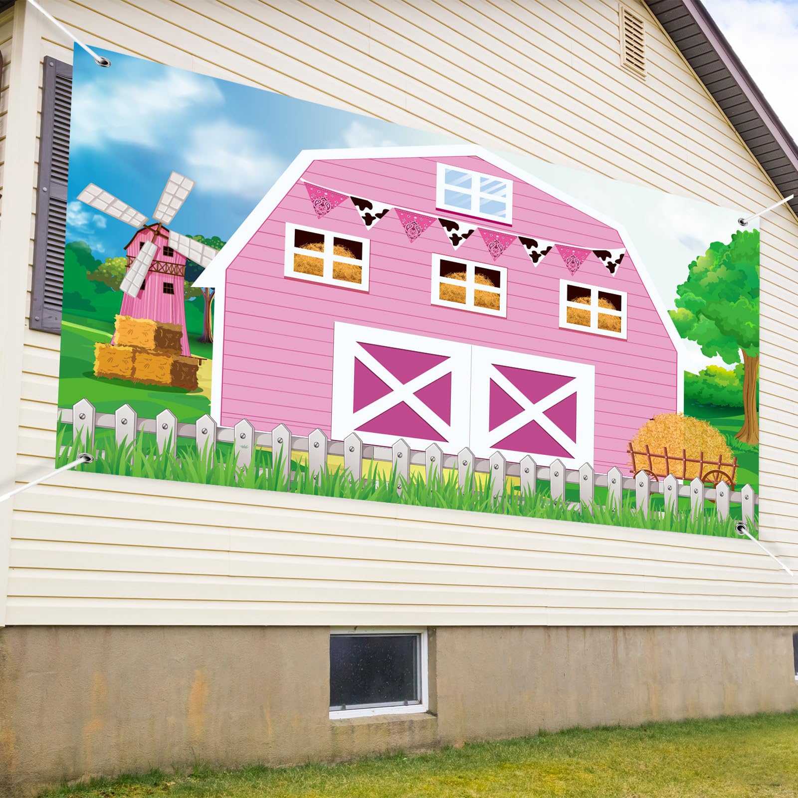 Farm Barn Door Backdrop Farm Birthday Party Supplies Barn Door Backdrop Banner Farm Photography Props Photo Booth for Themed Birthday Party Supplies 72.8 x 43.3 Inch (Pink)