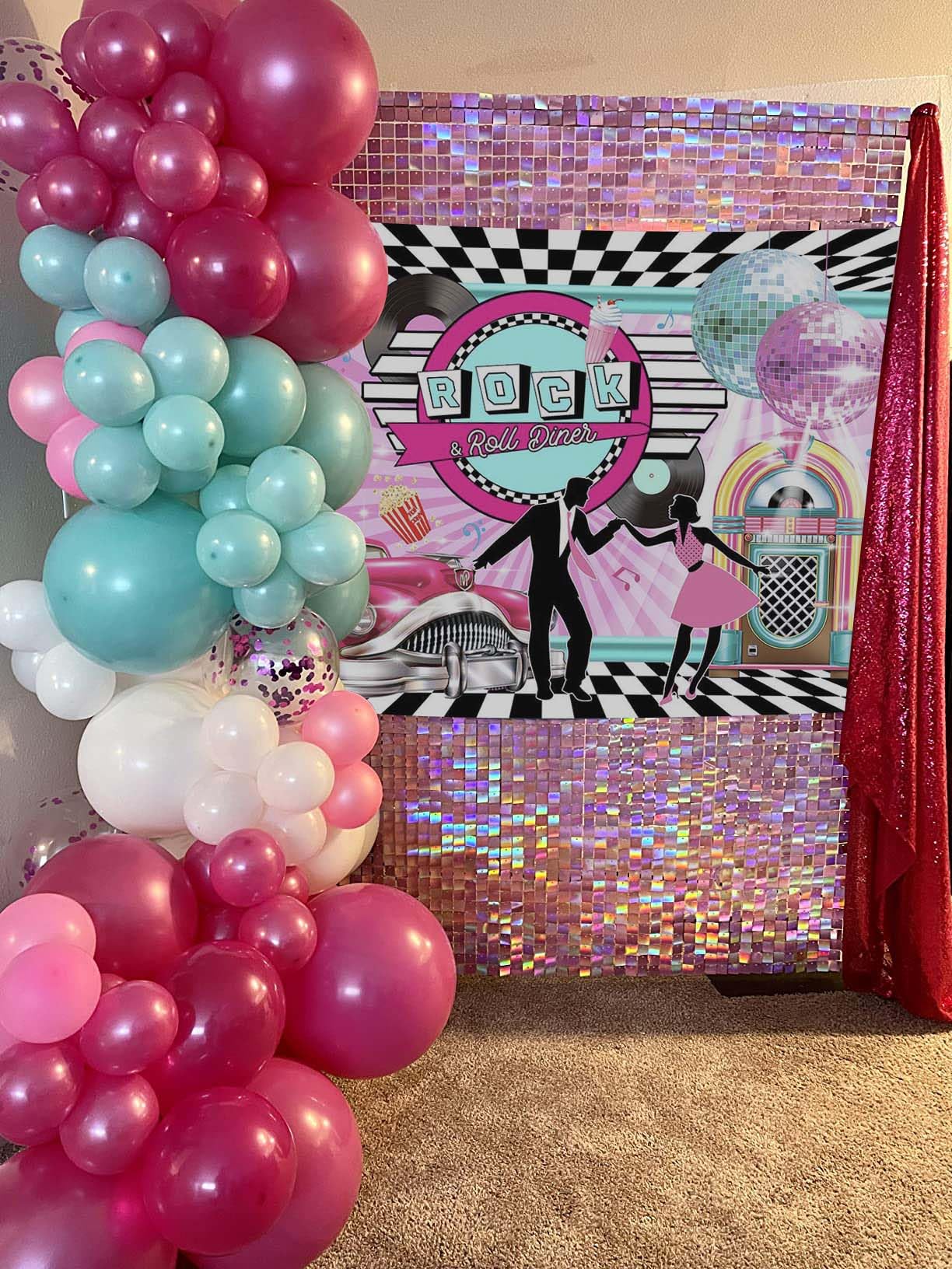 Mocsicka 50s Birthday Party Banner Back to 50's Rock and Roll Banner Backdrop 1950s Party Decorations Retro Rocking Backdrop for 50s Party, 72.8 x 43.3 Inch