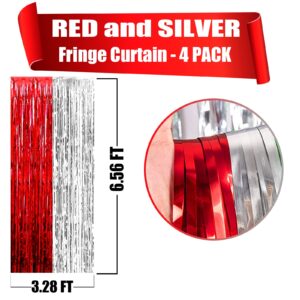 4 Pack Silver Red Foil Fringe Curtain Backdrop, 3.28Ft x 6.56Ft Metallic Tinsel Foil Fringe Streamers Curtains for Photo Booth, Wedding, Circus Welcome Carnival Birthday Party Decoration