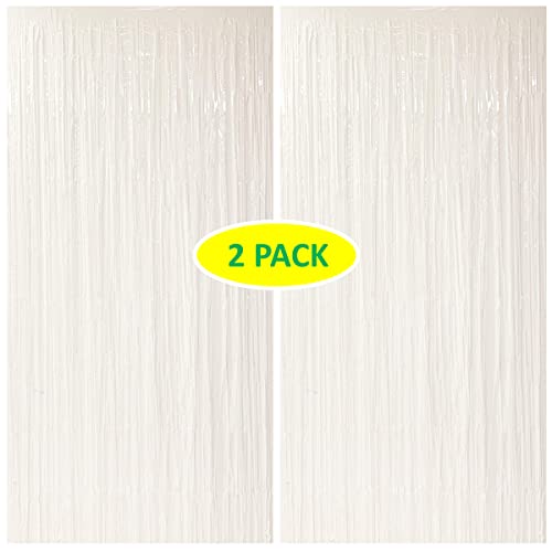 Buyuget 2 Pack Large 3.2 x 8.2 ft White Tinsel Fringe Backdrop Curtain Party Decoration - Doorway Streamer Curtain Photo Backdrop for Birthday Wedding Engagement Party Decor