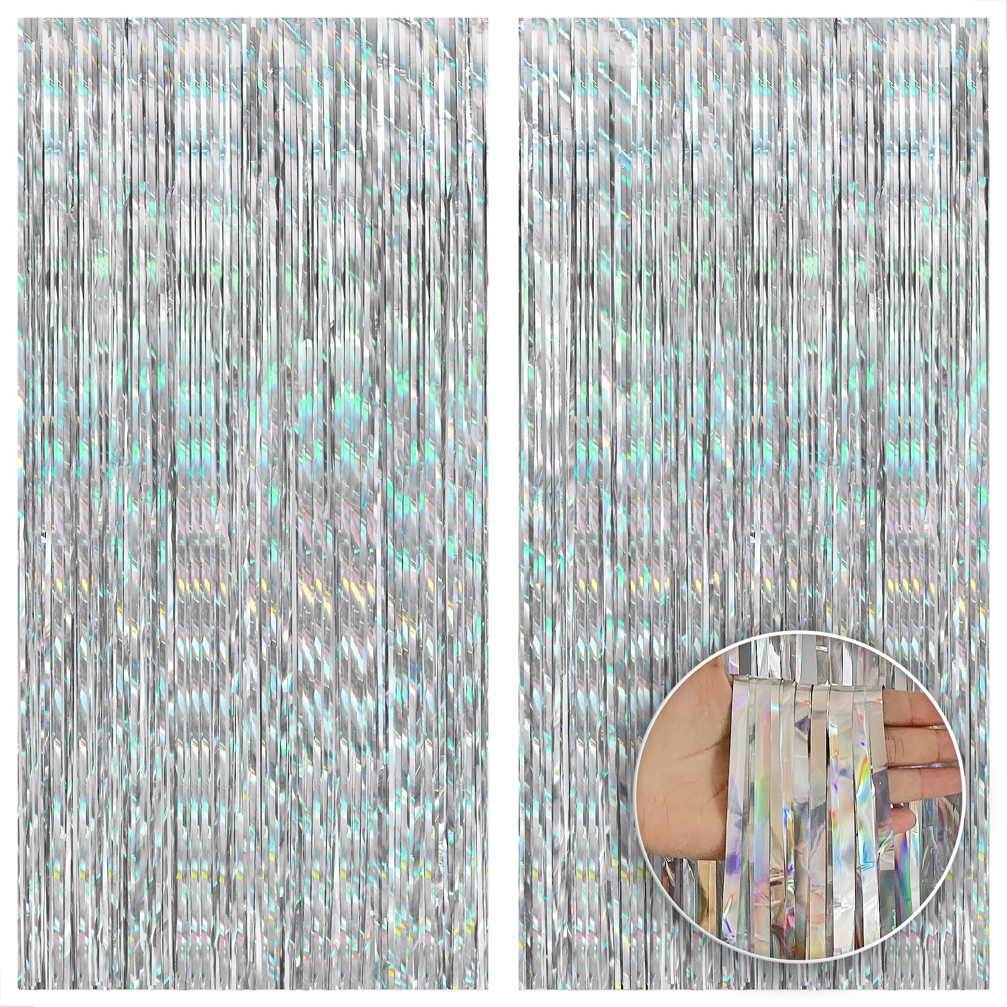 KatchOn, Holographic Silver Streamer Backdrop - XtraLarge 3.2x8 Feet, Pack of 2 | Silver Fringe Backdrop for Silver Streamers Party Decorations | Silver Tinsel Backdrop for Disco Party Decorations