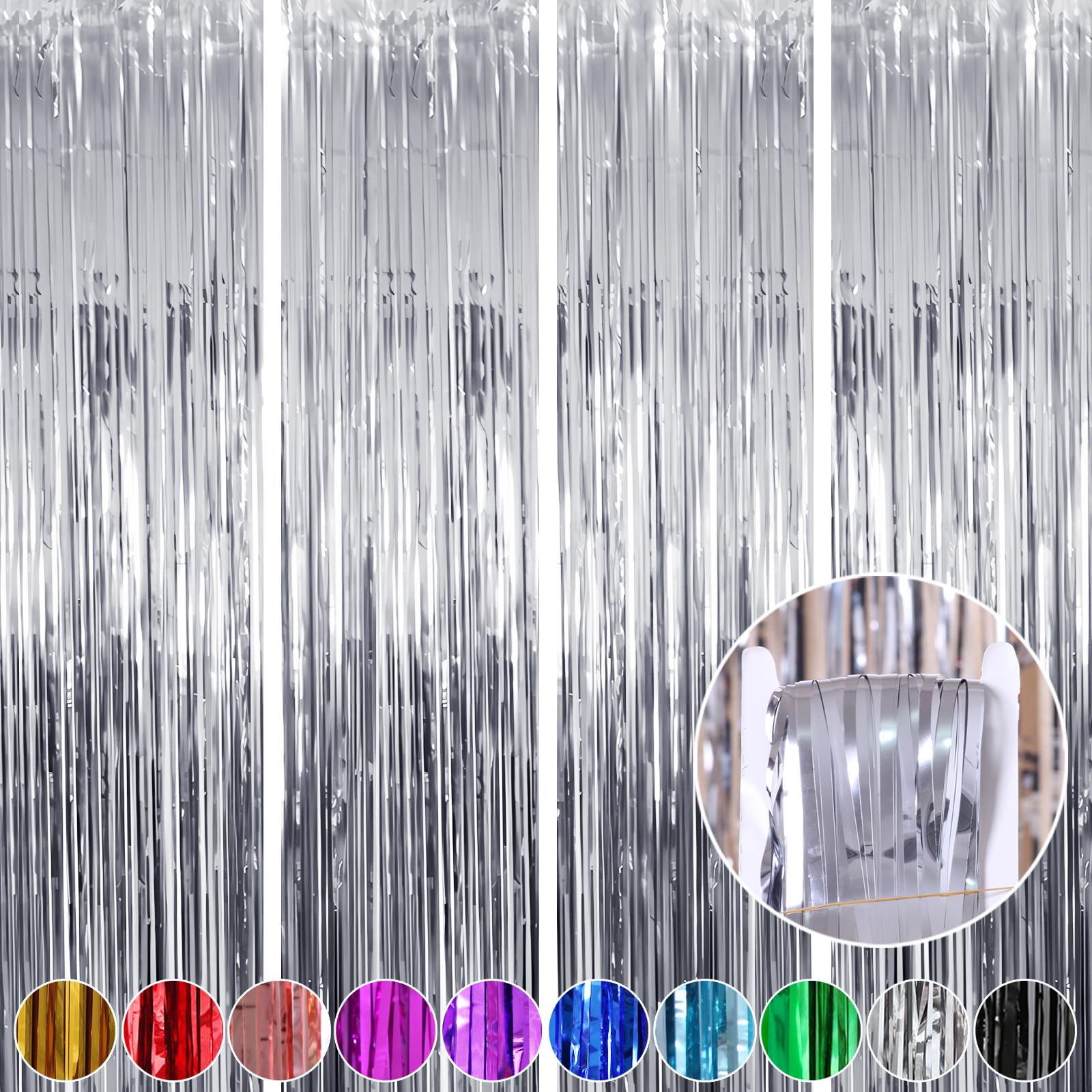 Fringe Curtains Party Decorations, Tinsel Streamers Birthday Party Decorations, Fringe Backdrop for Graduation, Baby Shower, Gender Reveal, Disco Party (4 Pack, Silver)