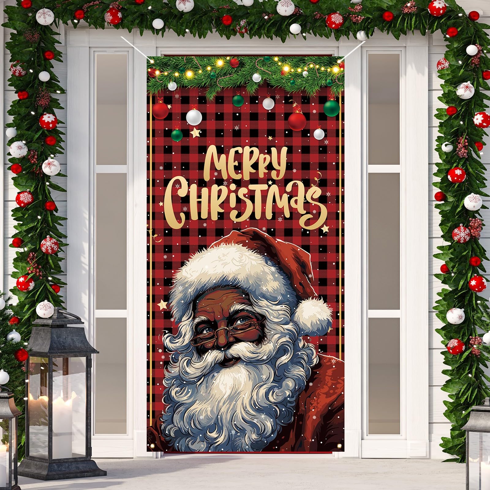 Red and Black Buffalo Check Plaid Black Santa Christmas Door Cover Merry Christmas Backdrop African American Christmas Xmas Decorations and Supplies for Home Party