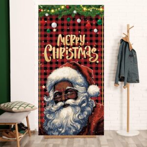 Red and Black Buffalo Check Plaid Black Santa Christmas Door Cover Merry Christmas Backdrop African American Christmas Xmas Decorations and Supplies for Home Party