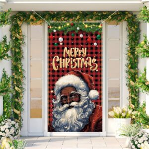 Red and Black Buffalo Check Plaid Black Santa Christmas Door Cover Merry Christmas Backdrop African American Christmas Xmas Decorations and Supplies for Home Party