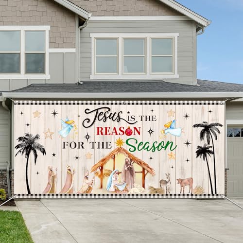 Outus Nativity Garage Door Cover Christmas Jesus is The Reason for The Season Nativity Nativity Scene Backdrop Religious Banner Background for Xmas Holiday Outdoor Home Party Supplies 13 x 6 ft