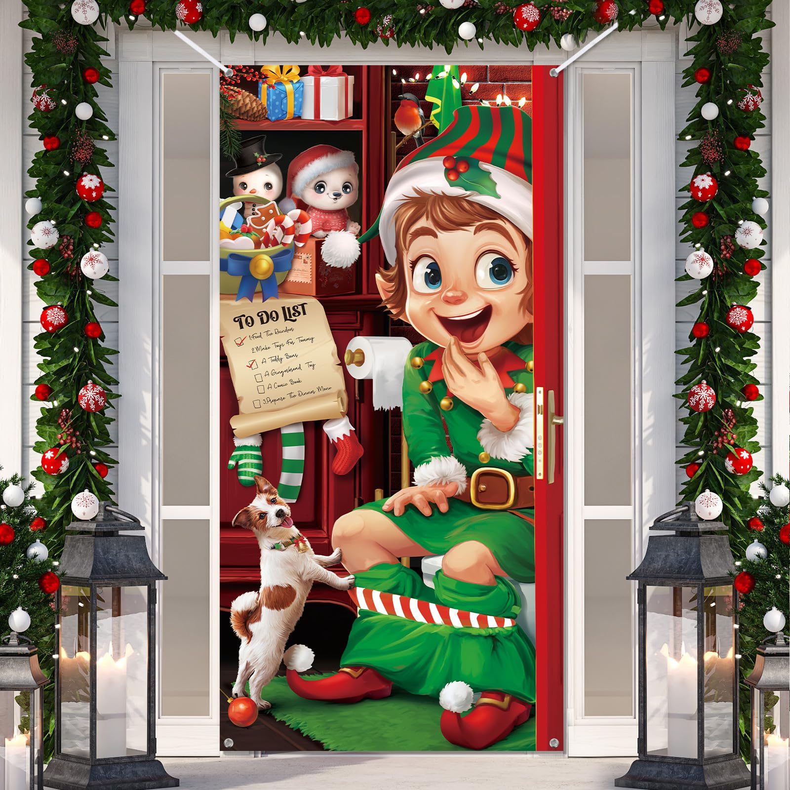 WovWeave Christmas Elf Door Cover Funny Merry Christmas Door Cover Decorations Santa Elves Xmas Party Hanging Banner Backdrop Background for Front Door Christmas Holiday New Year Supply, 71 x 35 Inch