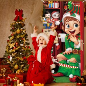 WovWeave Christmas Elf Door Cover Funny Merry Christmas Door Cover Decorations Santa Elves Xmas Party Hanging Banner Backdrop Background for Front Door Christmas Holiday New Year Supply, 71 x 35 Inch