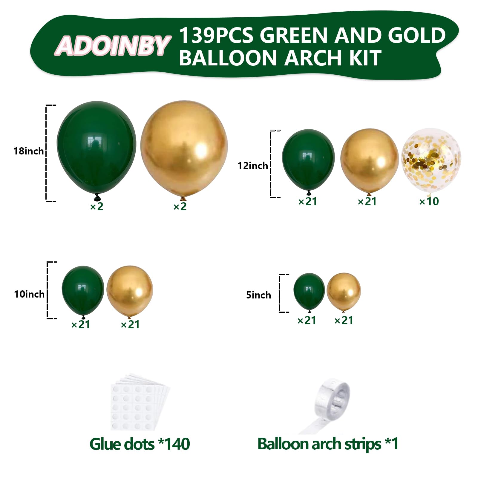 Green and Gold Balloon Arch Kit, ADOINBY 140Pcs Metallic Gold Balloon Emerald Forest Hunter Dark Green Balloon 18 12 10 5 Inch Different Size Balloons for Birthday Anniversary Jungle Party Decorations