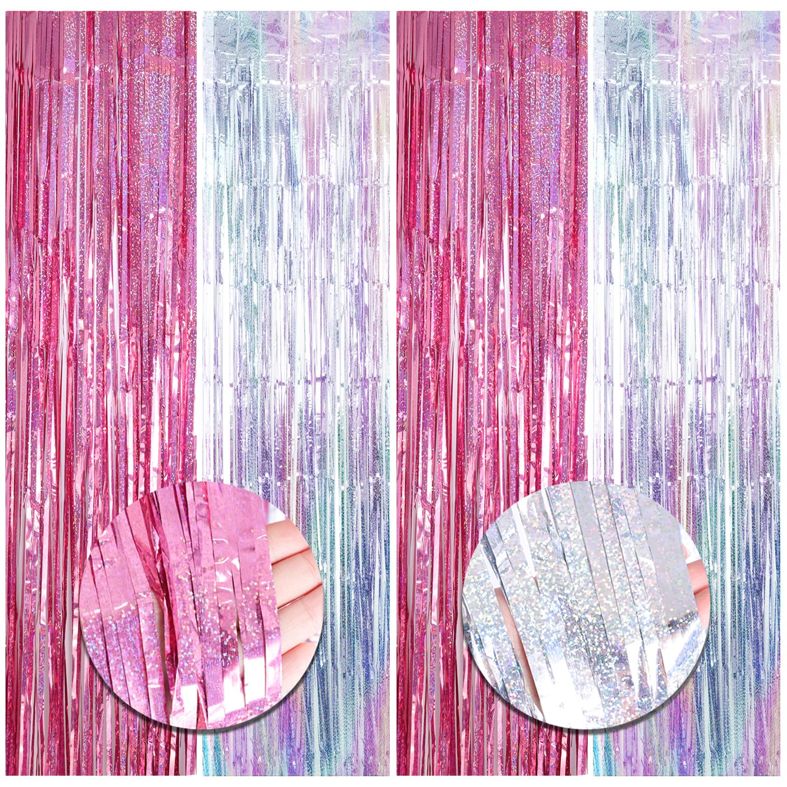 4 Pack 3.3×6.5 ft Metallic Tinsel Foil Fringe Curtains Decor Streamers Photo Booth Backdrop Fringe Backdrop for Birthday Wedding Engagement Baby Shower Holiday Party Decorations(Pink and Sliver)