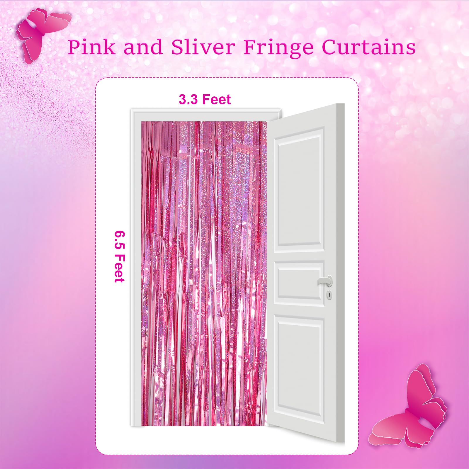 4 Pack 3.3×6.5 ft Metallic Tinsel Foil Fringe Curtains Decor Streamers Photo Booth Backdrop Fringe Backdrop for Birthday Wedding Engagement Baby Shower Holiday Party Decorations(Pink and Sliver)