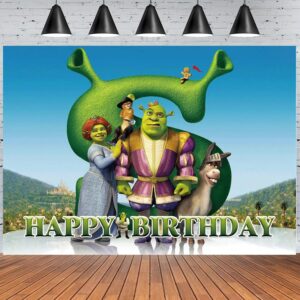 shrek birthday party supplies, happy birthday shrek backdrop for baby shower party cake table decorations supplies, 5 x 4 ft shrek theme birthday banner for girls boys kids birthday party decorations