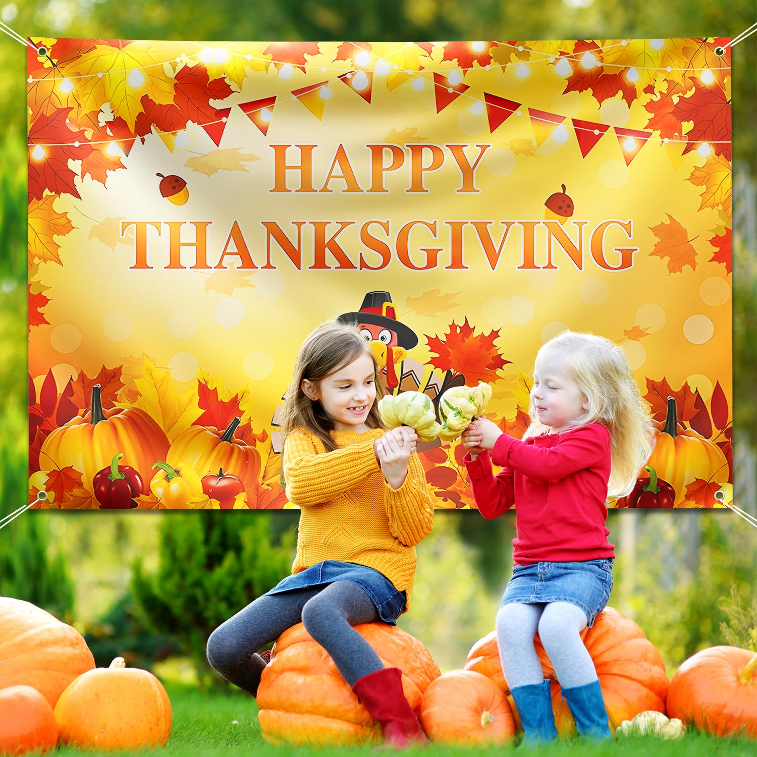 Thanksgiving Backdrop Thanksgiving Party Decorations Happy Fall Party Banner Birthday Banner Backdrop for Kids Party (Orange)