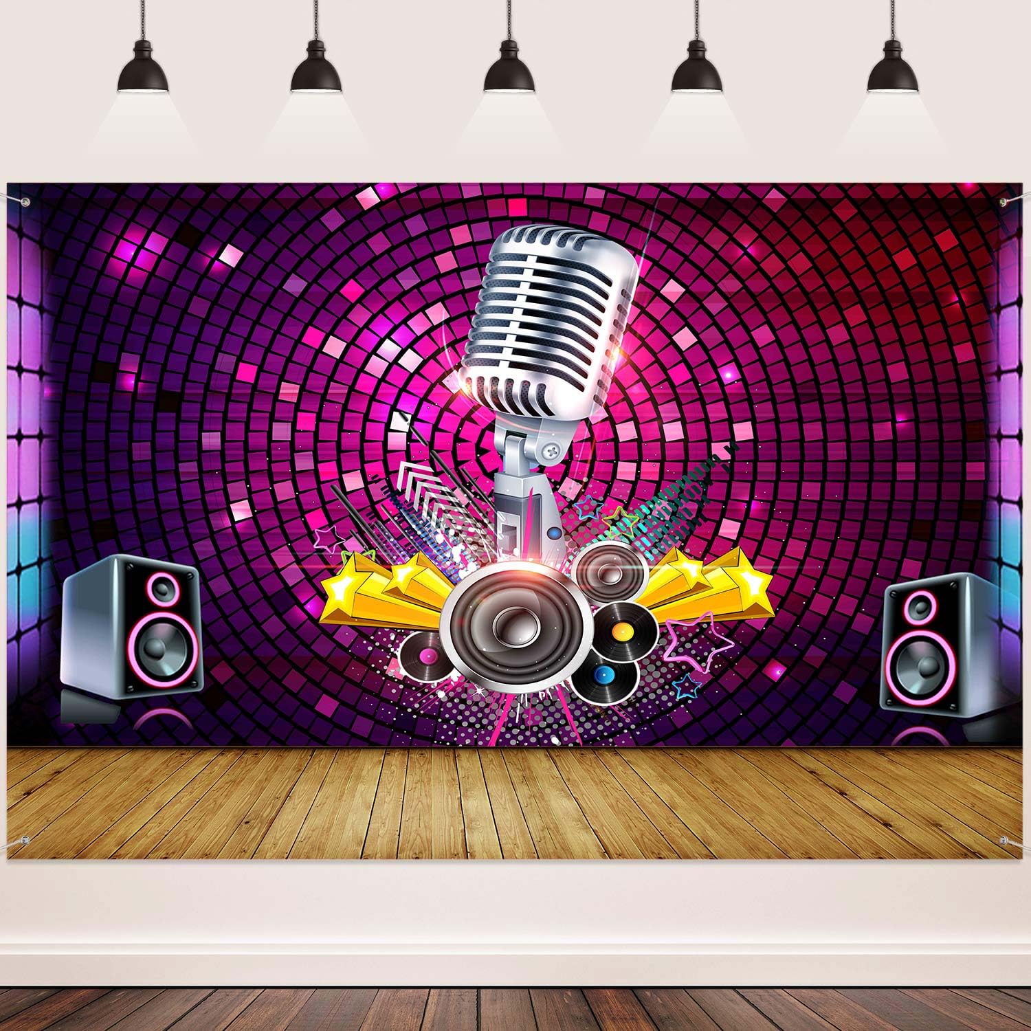 MEETSIOY 10x7ft Karaoke Photography Backdrop Wood Floor Microphone Sound Background Themed Party Photo Booth Backdrop BJMYMT112