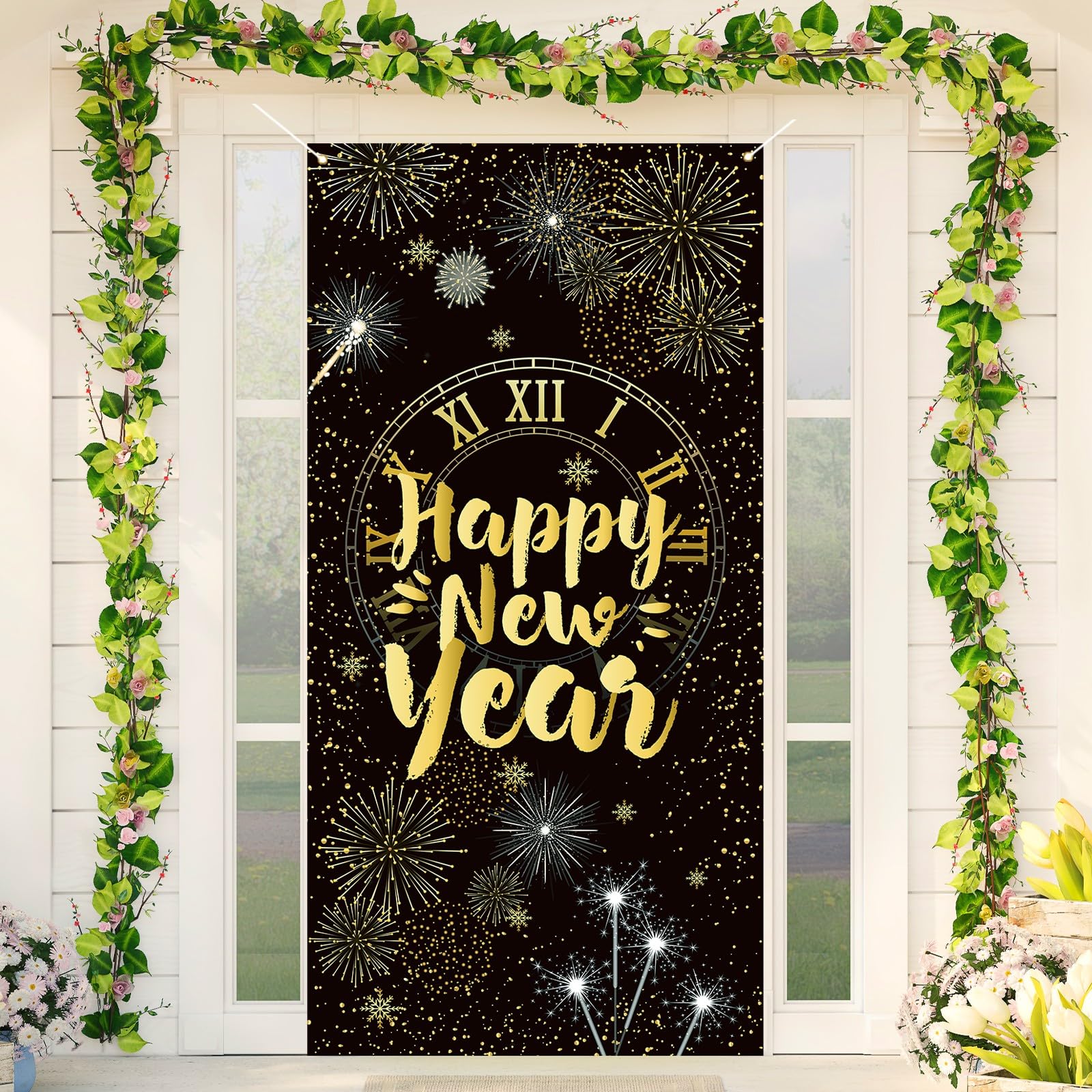 Black and Gold Happy New Year Door Cover Happy New Year Photo Backdrop NYE Decor 2024 Lunar New Years Eve Party Spring Festival Decorations and Supplies for Home