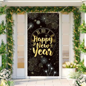 Black and Gold Happy New Year Door Cover Happy New Year Photo Backdrop NYE Decor 2024 Lunar New Years Eve Party Spring Festival Decorations and Supplies for Home