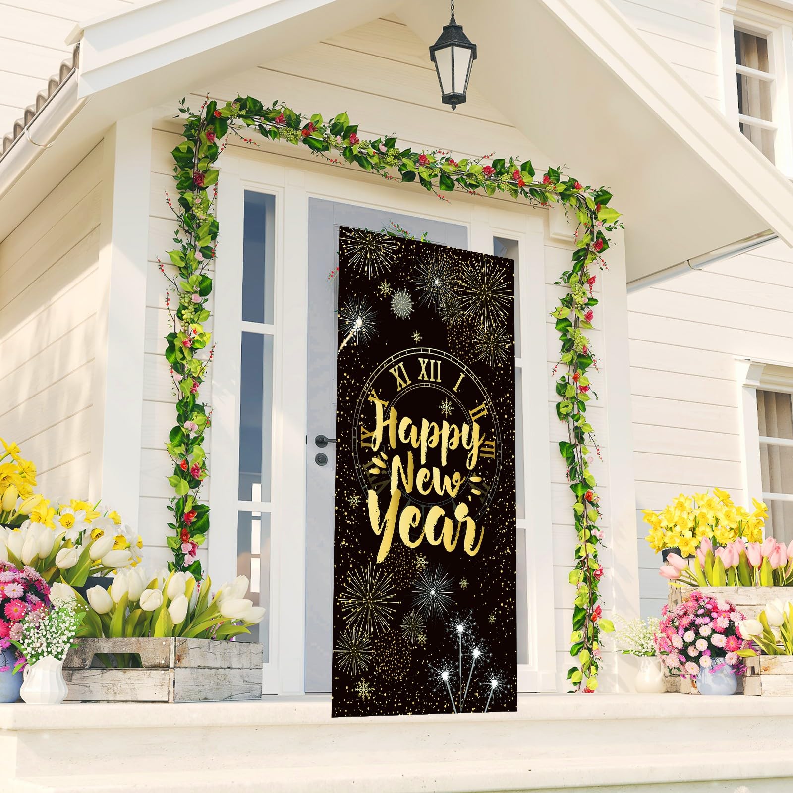 Black and Gold Happy New Year Door Cover Happy New Year Photo Backdrop NYE Decor 2024 Lunar New Years Eve Party Spring Festival Decorations and Supplies for Home