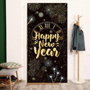 Black and Gold Happy New Year Door Cover Happy New Year Photo Backdrop NYE Decor 2024 Lunar New Years Eve Party Spring Festival Decorations and Supplies for Home