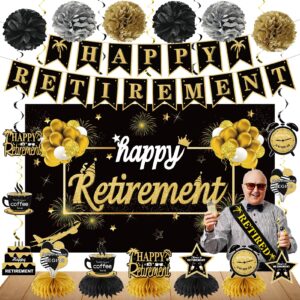 kuxriox 20pcs happy retirement party decorations kit for men women, black gold retirement banner balloons honeycomb centerpiece swirl paper pompoms party supplies, retired sash table topper swirls set