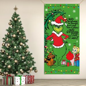 Nepnuser Merry Christmas Door Cover Grinchmas Whoville Xmas Winter Holiday Party Decorations Backdrop Door Hanging Banner