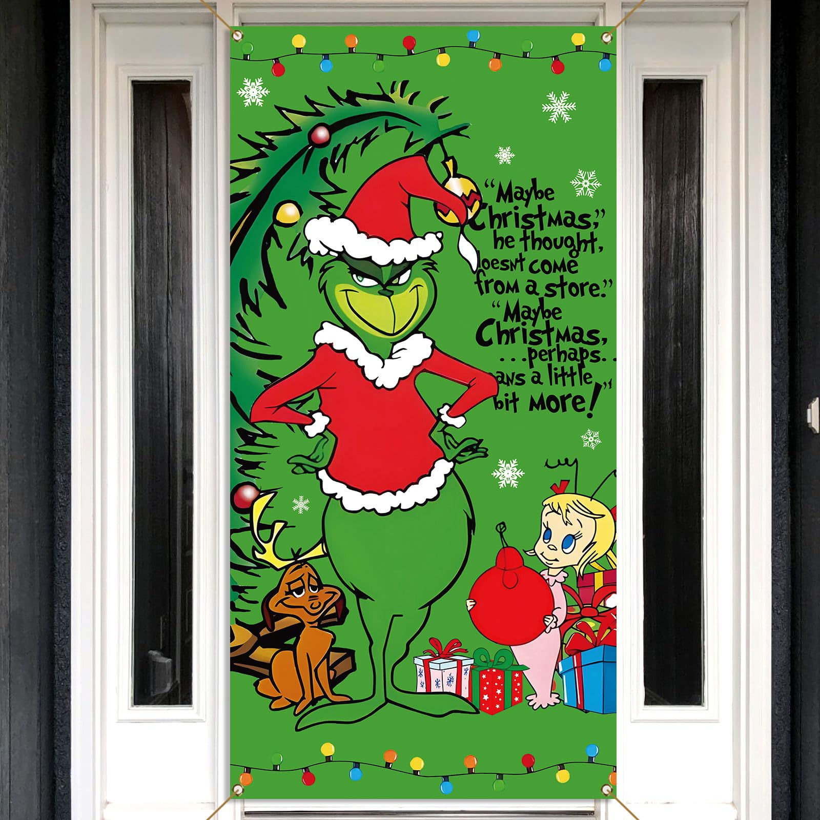 Nepnuser Merry Christmas Door Cover Grinchmas Whoville Xmas Winter Holiday Party Decorations Backdrop Door Hanging Banner