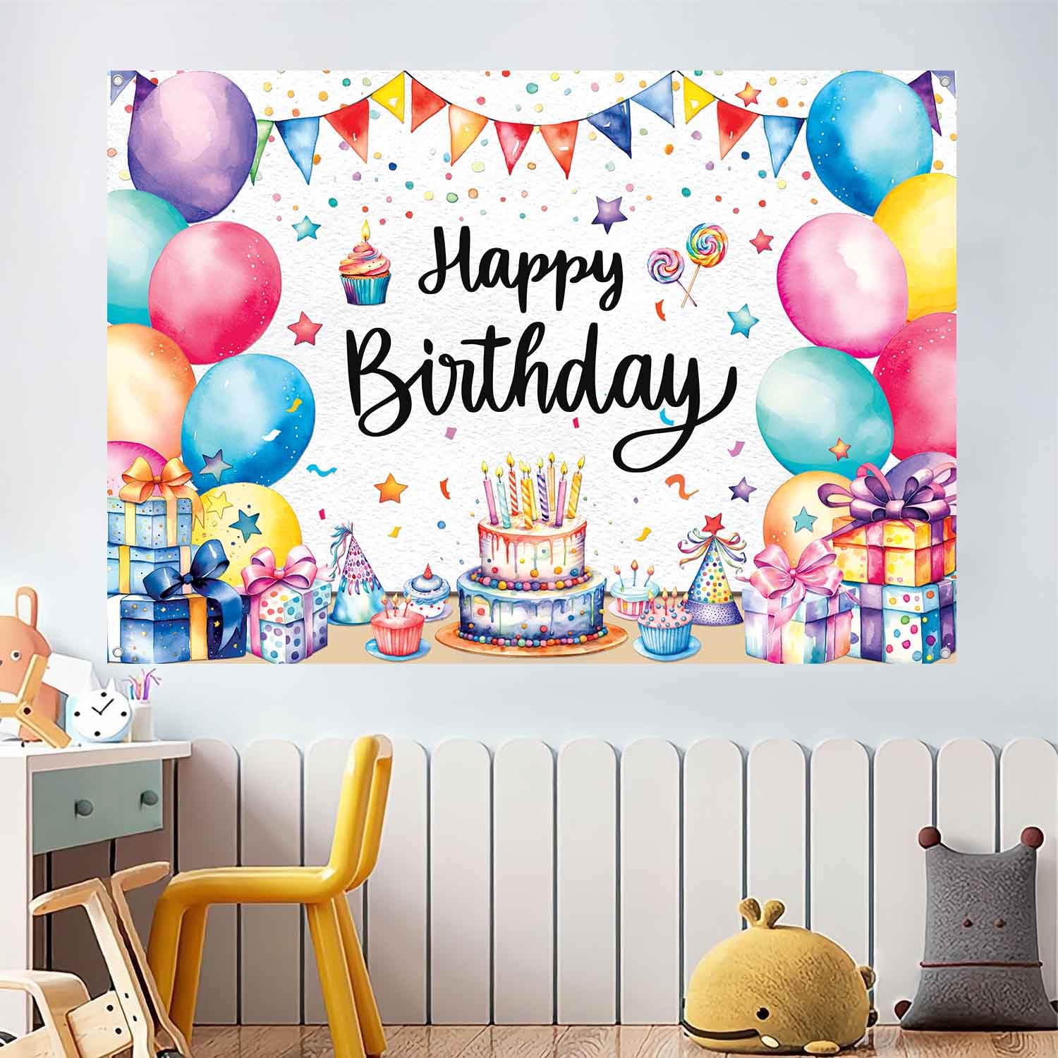 LDWLYW Colorful Happy Birthday Backdrop Banner Birthday Party Decorations Colorful Happy Birthday Sign Photo Backdrop White Indoor Outdoor Birthday Background Banner for Kids Boys Girls 7x5ft