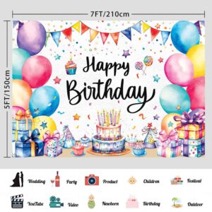 LDWLYW Colorful Happy Birthday Backdrop Banner Birthday Party Decorations Colorful Happy Birthday Sign Photo Backdrop White Indoor Outdoor Birthday Background Banner for Kids Boys Girls 7x5ft