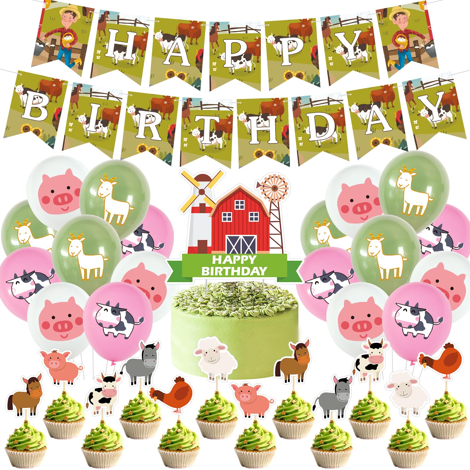 Ipalmay Farm Birthday Party Supplies - 32pcs Rustic Barnyard Kids Party Decorations, Colorful Cow Sheep Pig Balloons, Happy Birthday Banner, Animal Cup Cake Toppers, Boy Girl Teens Party Backdrop