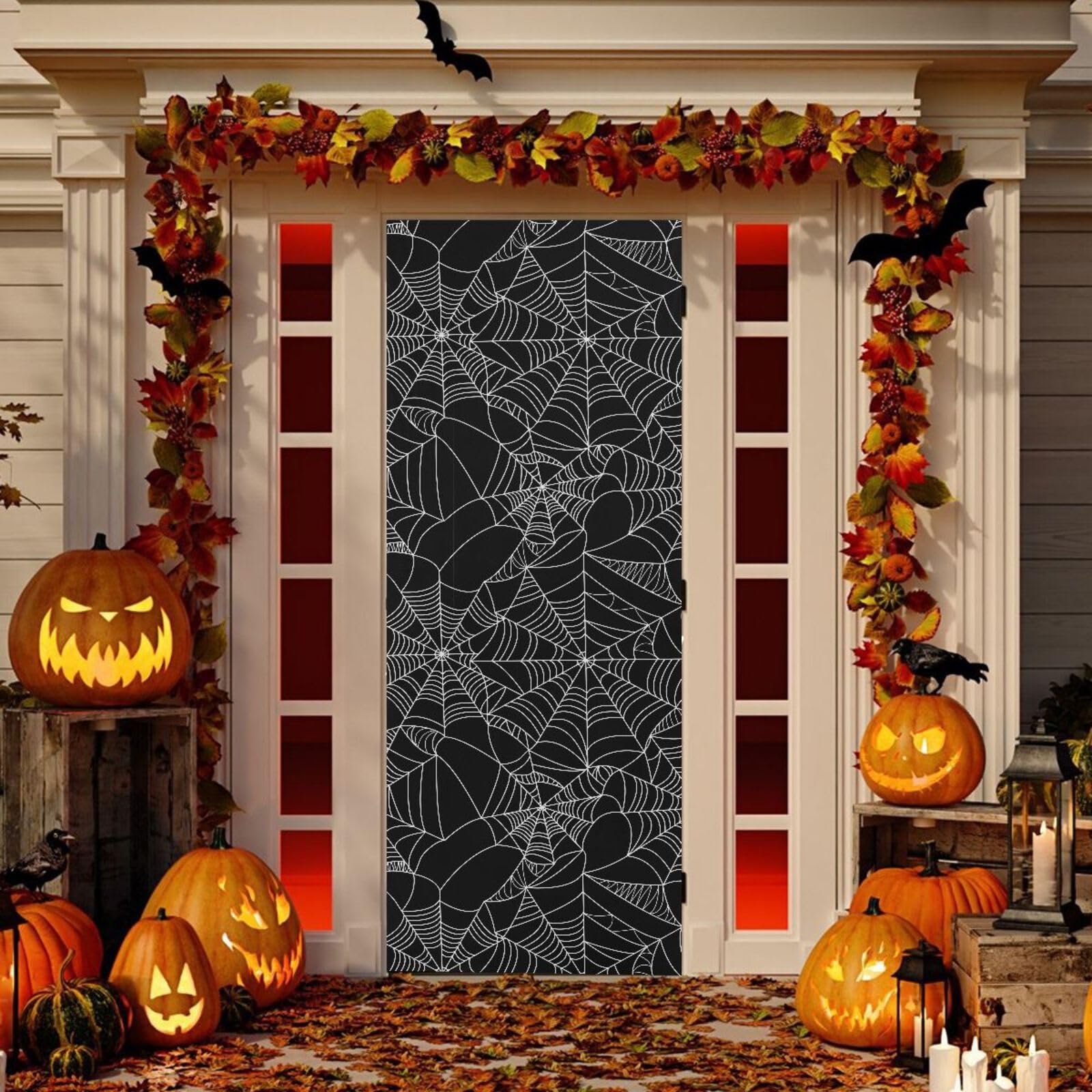 Burbuja Halloween Web Door Cover, Stretch Fabric Backdrop Door Porch Covers for Home Party Holidays Decoration, 32x79 In